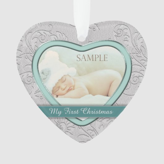 銀ハートティール（緑がかった色）ベビー初めてのクリスマス オーナメント (正面)