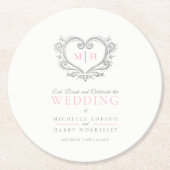 銀ハートピンク白リースモノグラム結婚ズ ラウンドペーパーコースター (正面)