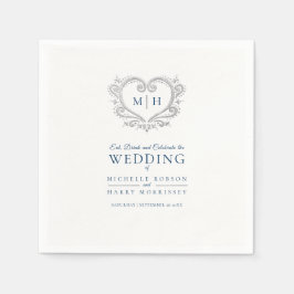銀ハートブルーリースモノグラム結婚のナプキン スタンダードカクテルナプキン
