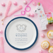 銀ハートブルーリースモノグラム結婚ズ ペーパープレート (パーティー)