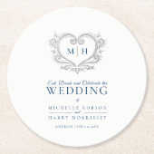 銀ハートブルーリースモノグラム結婚ズ ラウンドペーパーコースター (正面)