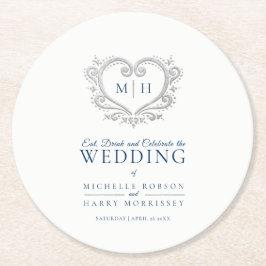 銀ハートブルーリースモノグラム結婚ズ ラウンドペーパーコースター