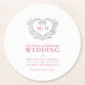 銀ハートベリー赤リースモノグラム結婚ズ ラウンドペーパーコースター (正面)