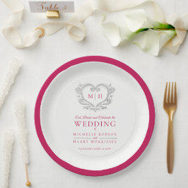 銀ハート赤リースモノグラム結婚ズ ペーパープレート