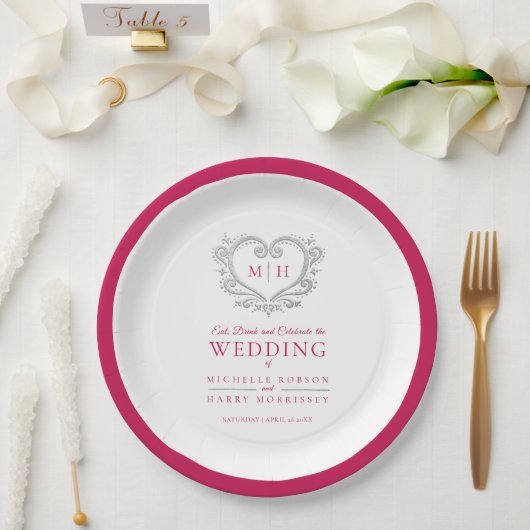 銀ハート赤リースモノグラム結婚ズ ペーパープレート (ウェディング)