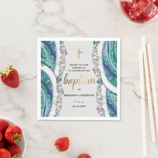 銀パーソナライズされたと青の鉱物石の洗礼 スタンダードカクテルナプキン (インサイチュ)