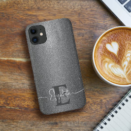 銀パーソナライズされたガーリーグリッターモノグラムケース iPhone 11 ケース