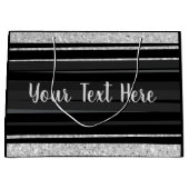 銀パーソナライズされたグリッターストライプブラックきらきら光る ラージペーパーバッグ (正面)