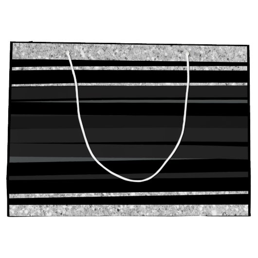 銀パーソナライズされたグリッターストライプブラックきらきら光る ラージペーパーバッグ (裏面)