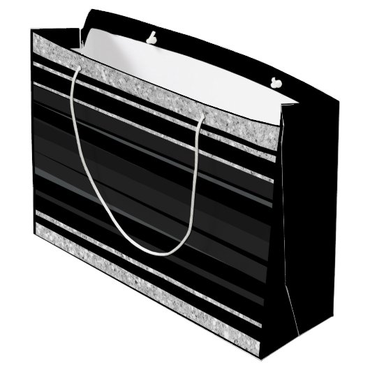 銀パーソナライズされたグリッターストライプブラックきらきら光る ラージペーパーバッグ (裏面アングル)