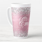 銀パーソナライズされたグリッターライトピンク箔 カフェラテマグ (左アングル)