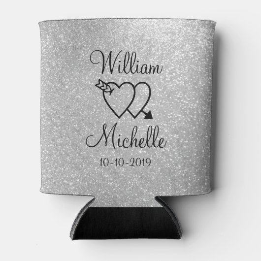 銀パーソナライズされたグリッター結婚缶クーラー 缶クーラー (正面)