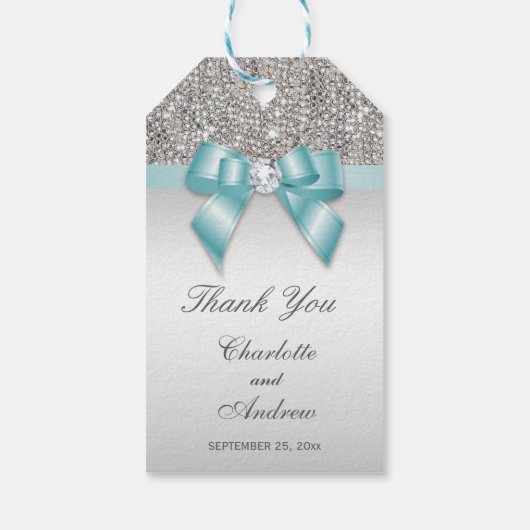 銀パーソナライズされたシークインズダイヤモンドボウ結婚ズ ギフトタグ (裏面)