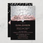 銀パーソナライズされたピンク黒の女の子ベビーシャワー 招待状 (正面/裏面)