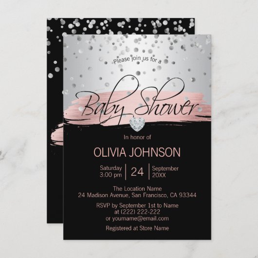 銀パーソナライズされたピンク黒の女の子ベビーシャワー 招待状 (正面/裏面)