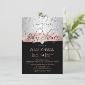 銀パーソナライズされたピンク黒の女の子ベビーシャワー 招待状 (スタンド正面)