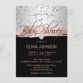 銀パーソナライズされたピンク黒の女の子ベビーシャワー 招待状