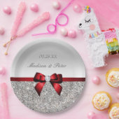 銀パーソナライズされたフェイク封入赤弓結婚の ペーパープレート (パーティー)