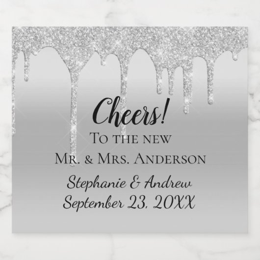 銀パーソナライズされた滴下グリッター結婚式の引き出物 スパークリングワインラベル (シングルラベル)