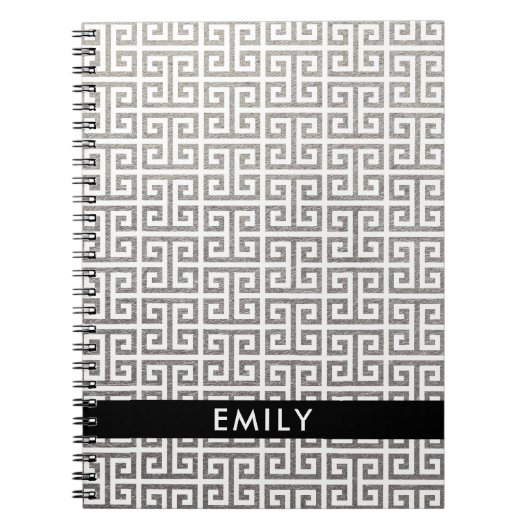 銀パーソナライズされた箔と白ギリシャ鍵 ノートブック (正面)