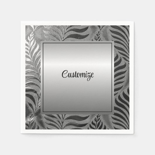 銀パーソナライズされた葉モチーフ スタンダードカクテルナプキン (正面)