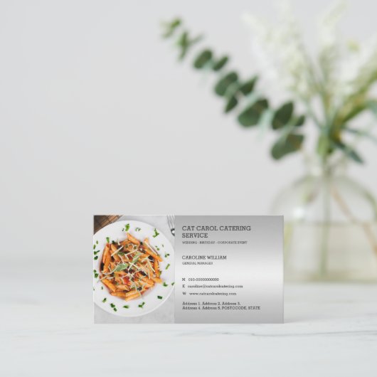 銀フェイクカスタム製フォーマル食品事業ケータリング 名刺 (スタンド正面)