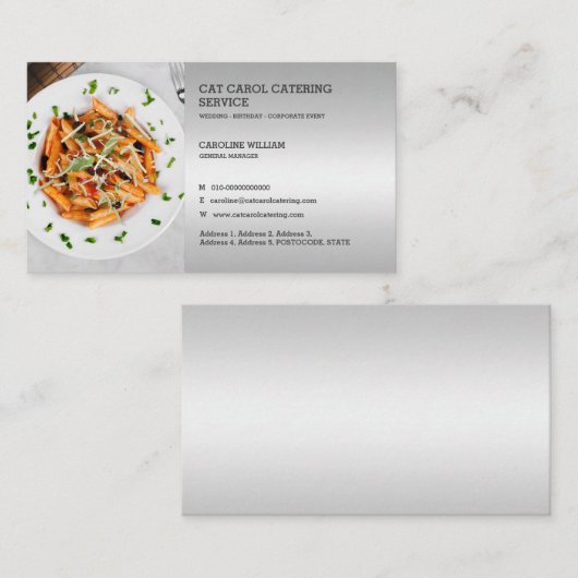 銀フェイクカスタム製フォーマル食品事業ケータリング 名刺 (正面/裏面)