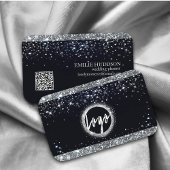 銀フェイクグリッターと黒エレガントQRコード 名刺