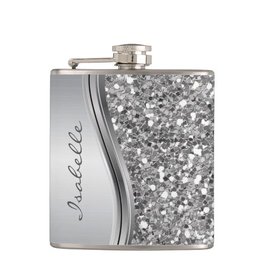 銀フェイクグリッターグラムきらきら光るメパーソナライズされたタル フラスク (正面)