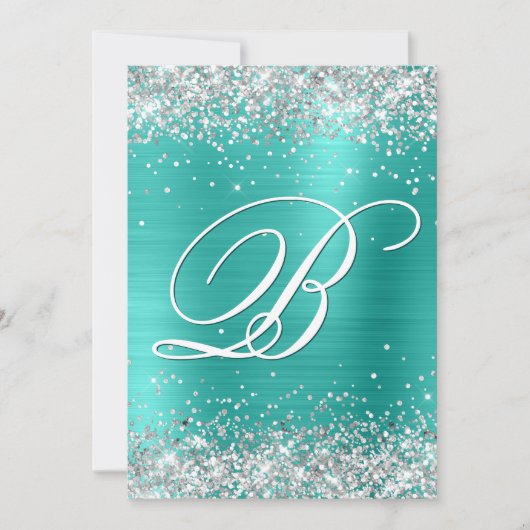 銀フェイクグリッターターコイズ箔50誕生日 招待状 (正面)