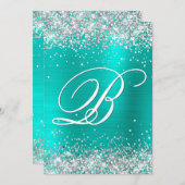 銀フェイクグリッターターコイズ箔50誕生日 招待状 (正面/裏面)