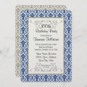 銀フェイクグリッターダマスク花柄誕生日 招待状 (正面/裏面)