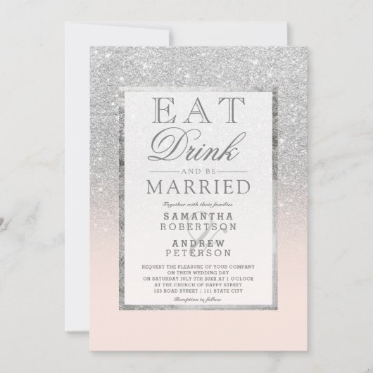 銀フェイクグリッター赤面ピ食べック結婚ドリンク 招待状 (正面)