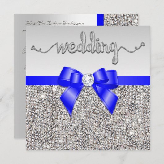銀フェイクシークイン王室のズブルー結婚ボウ 招待状 (正面/裏面)