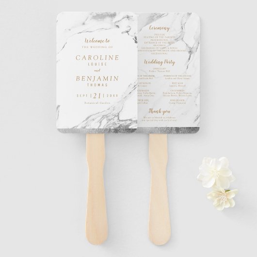 銀フェイク大理石の高級モダン結婚式 ハンドファン (正面&裏面)