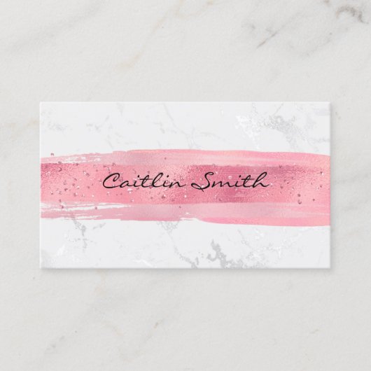 銀フェイク白ホイル大理石ピンクブラシストローク 名刺 (正面)