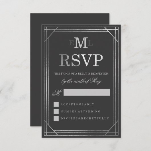 銀フェイク箔アールデコ | ウェディングRSVP 出欠カード (正面/裏面)