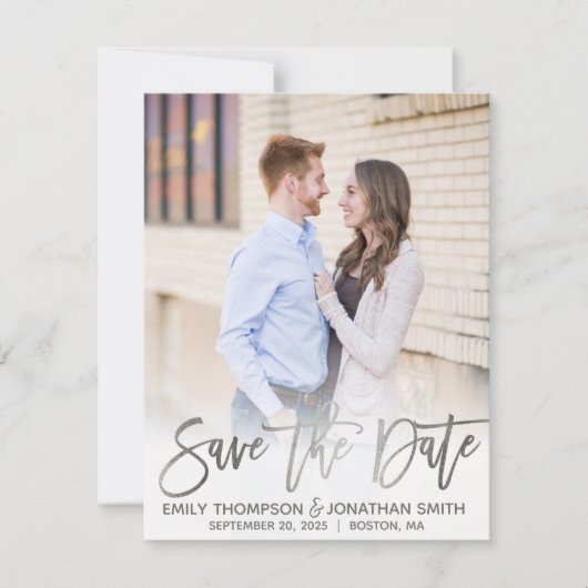 銀フェイク箔スクリプト写真Save the Date Card セーブザデート (正面)