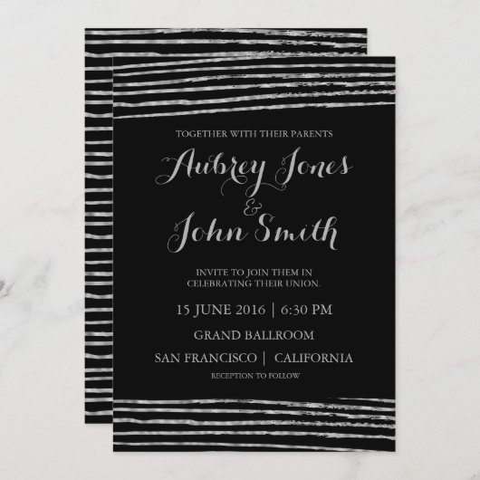 銀フェイク箔ストライプ結婚式招待状 招待状 (正面/裏面)