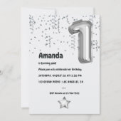 銀フェイク箔バルーン1歳の誕生日パーティー 招待状 (正面)