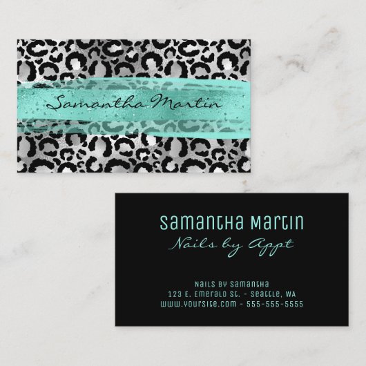 銀フェイク箔ヒョウ斑点アクアブラシストローク 名刺 (正面/裏面)