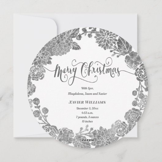 銀フェイク箔リース新生児メリークリスマス シーズンカード (裏面)