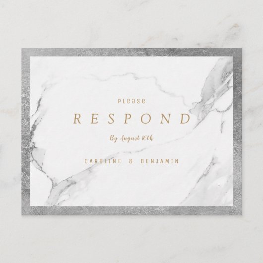 銀フェイク箔大理石ラグジュアリーモダンウェディングRSVP インビテーションポストカード (正面)