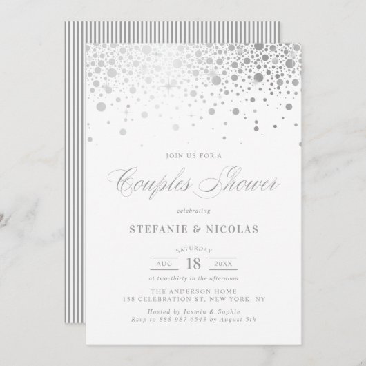 銀フェイク箔紙吹雪ホワイトカップルシャワー 招待状 (正面/裏面)