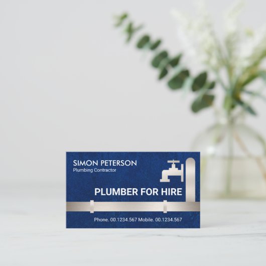 銀フェイク管蛇口青水グランジ栓 名刺 (スタンド正面)