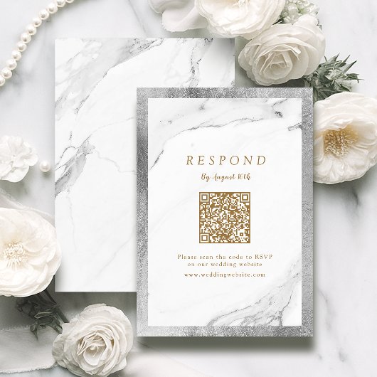 銀フェイク結婚大理石モダン高級QRコード 出欠カード