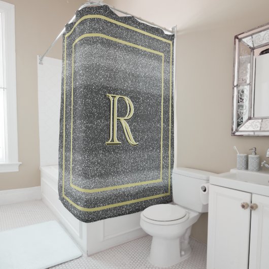 銀フェイク黒金ゴールドユニーク3色モノグラム シャワーカーテン (インサイチュ)