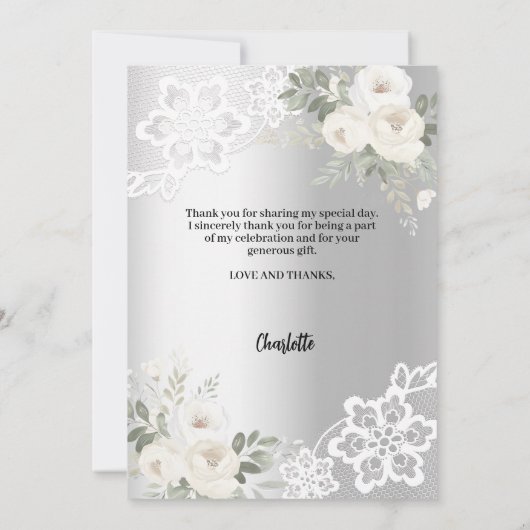 銀フローラブライダルシャワー写真サンキューカード 招待状 (裏面)