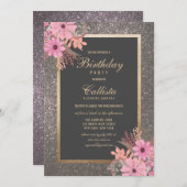 銀フローラ離れ水色グリッター誕生日 招待状 (正面/裏面)