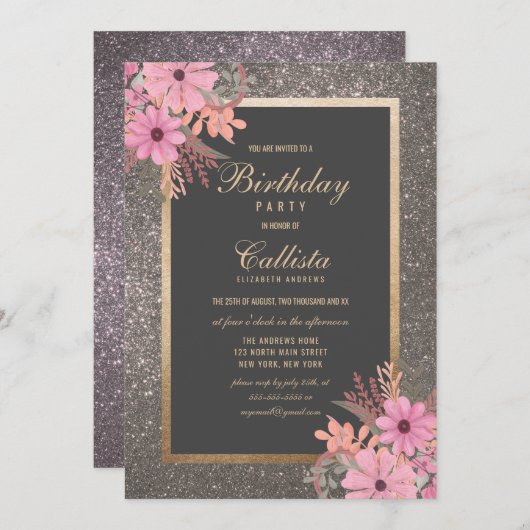 銀フローラ離れ水色グリッター誕生日 招待状 (正面/裏面)